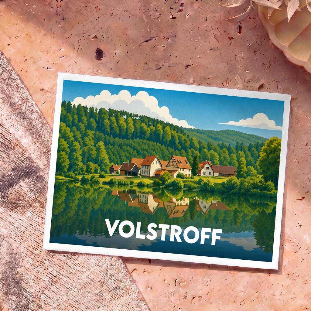 Carte postale souvenir de la ville de Volstroff avec une illustration stylisée d'un village en bord de lac.