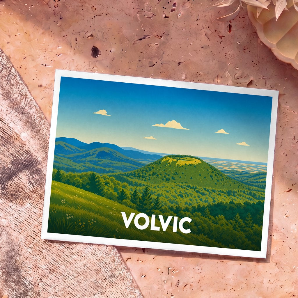 Carte postale souvenir de la ville de Volvic illustrant ses paysages volcaniques verdoyants dans un style graphique épuré.