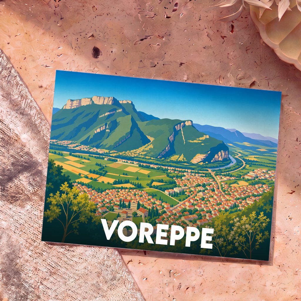 Carte postale souvenir de la ville de Voreppe avec une illustration stylisée de ses paysages montagneux.