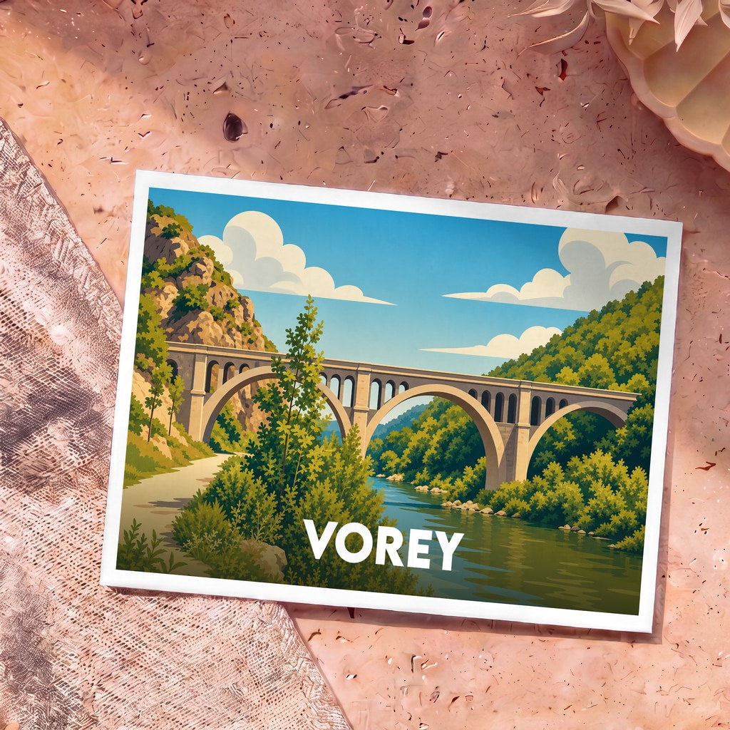 Carte postale souvenir de la ville de Vorey illustrant un pont en arc au-dessus d'une rivière dans un style graphique épuré.