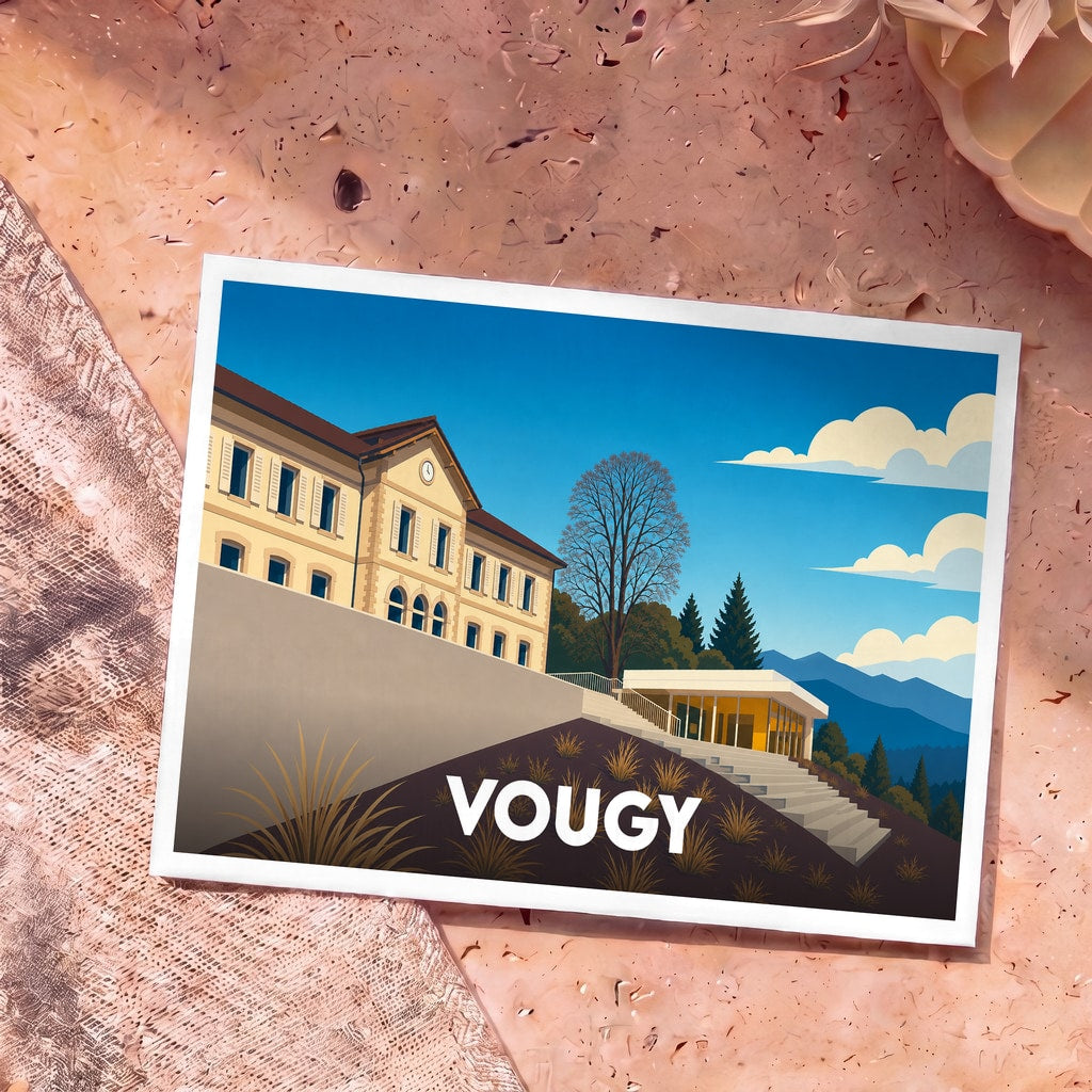 Carte postale souvenir de la ville de Vougy avec une illustration stylisée de ses bâtiments sous un ciel bleu.