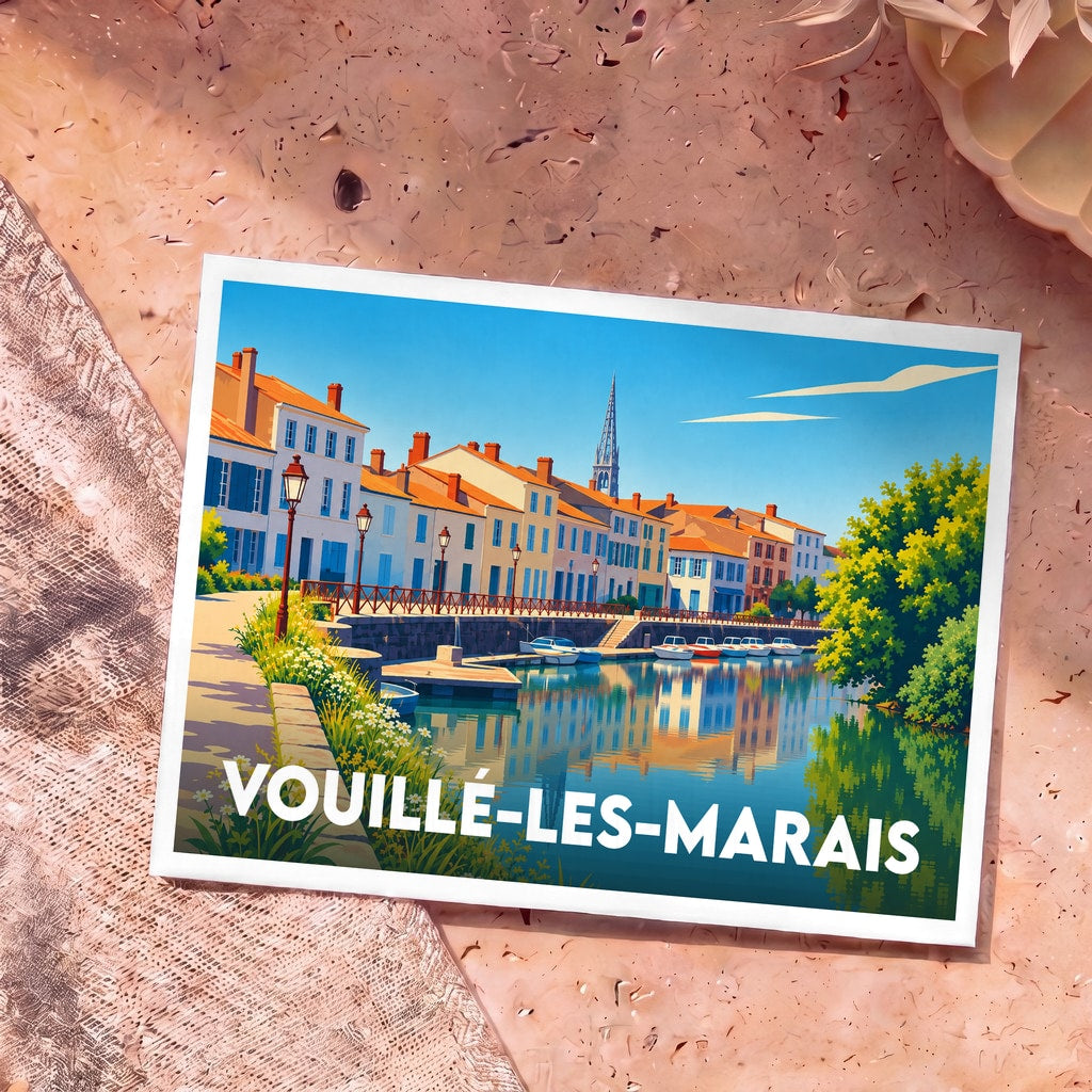 Carte postale souvenir de Vouillé-les-Marais avec une illustration colorée et stylisée de ses quais.