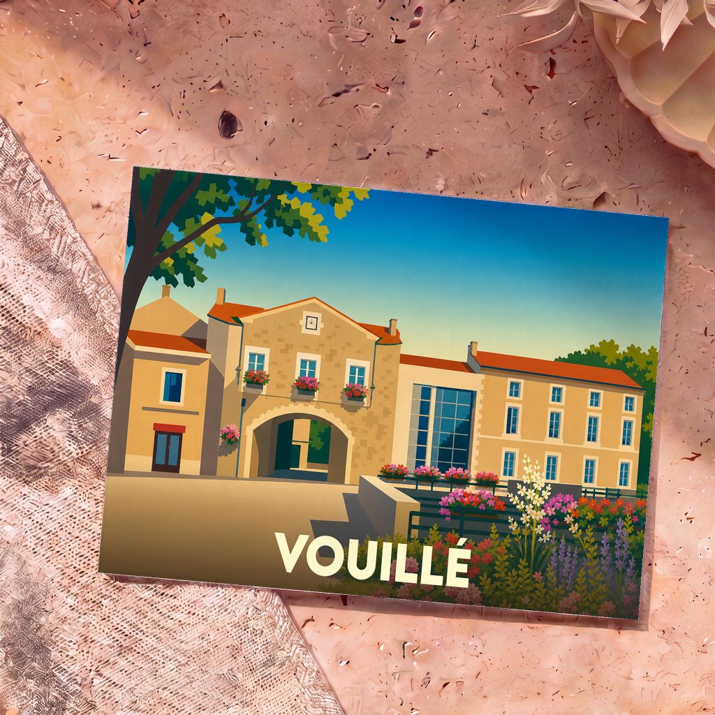Carte postale souvenir de la ville de Vouillé avec une illustration stylisée de son architecture locale.