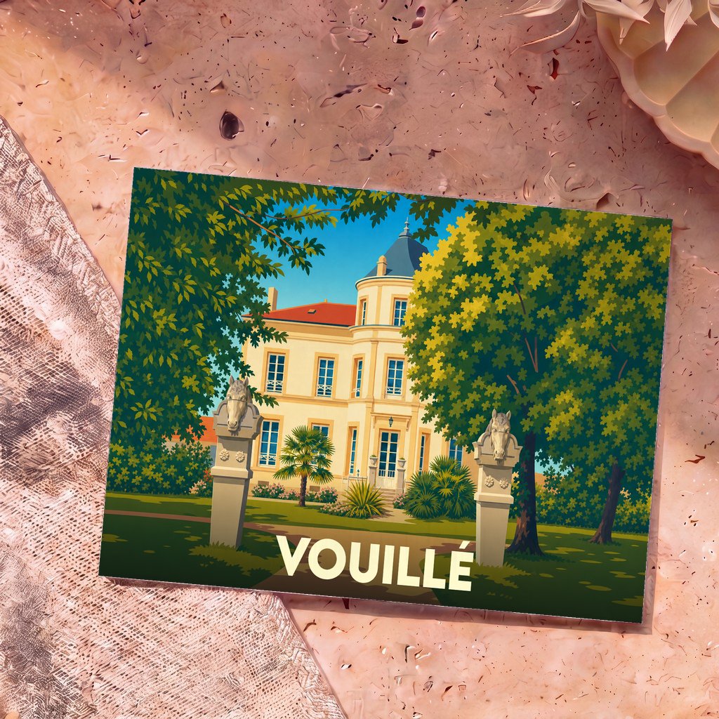 Carte postale souvenir de la ville de Vouillé avec une illustration stylisée d'un château.