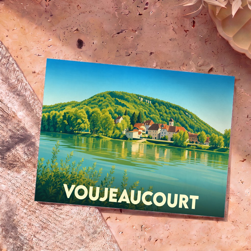 Carte postale souvenir de la ville de Voujeaucourt avec une illustration stylisée d'un village en bord de rivière au pied d'une colline boisée.