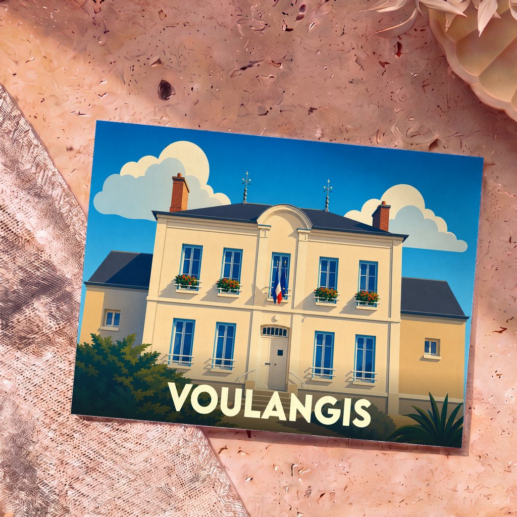 Carte postale souvenir de la ville de Voulangis avec une illustration stylisée de sa mairie.