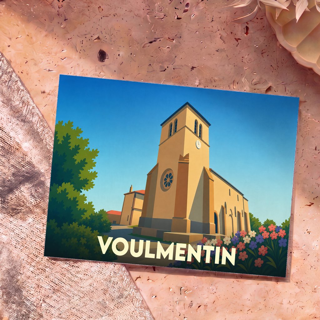 Carte postale souvenir de la ville de Voulmentin avec une illustration stylisée de son église.