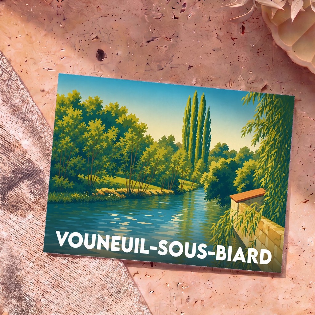 Carte postale souvenir de la ville de Vouneuil-sous-Biard avec une illustration stylisée d'un paysage de rivière.