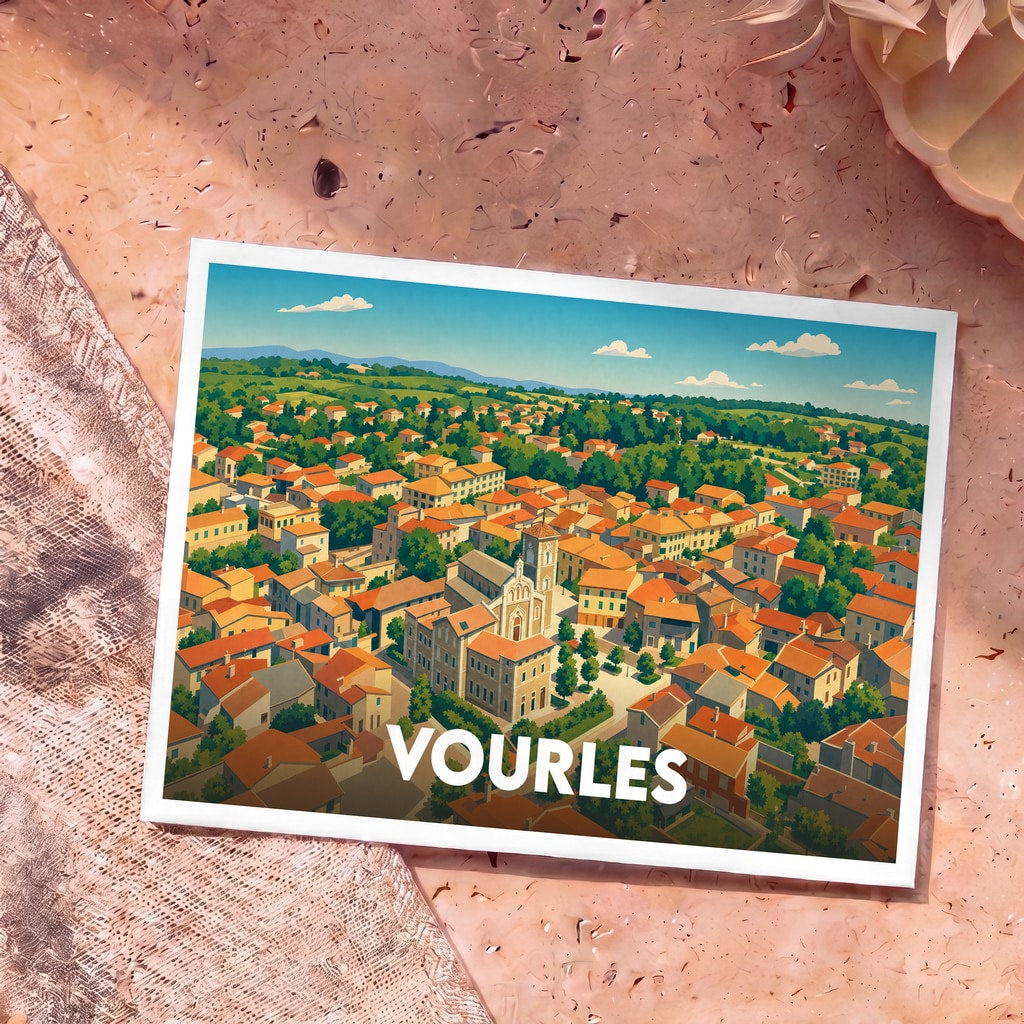 Carte postale souvenir de la ville de Vourles illustrant une vue aérienne stylisée du village et de son église.