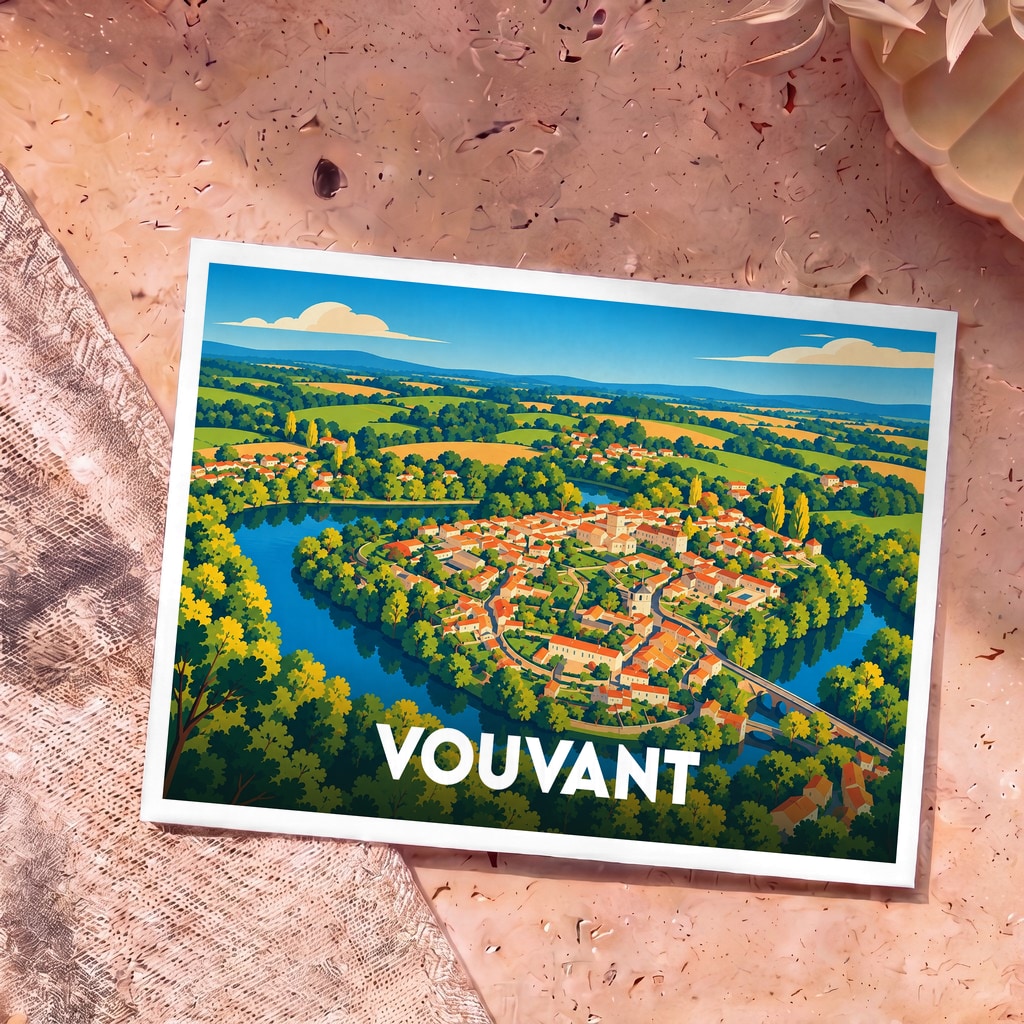 Carte postale souvenir de la ville de Vouvant avec une illustration stylisée vue du ciel.