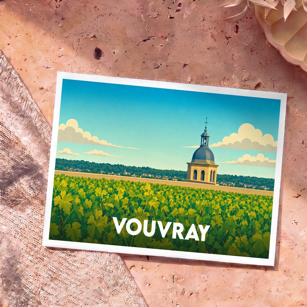 Carte postale souvenir de Vouvray illustrant un vignoble ensoleillé et un dôme de chapelle dans un style graphique épuré.