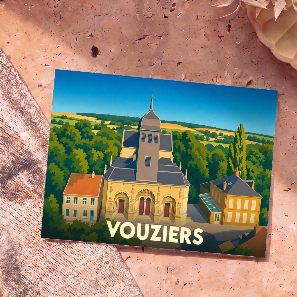 Carte postale souvenir de la ville de Vouziers présentant une illustration stylisée de son église et de ses paysages environnants.