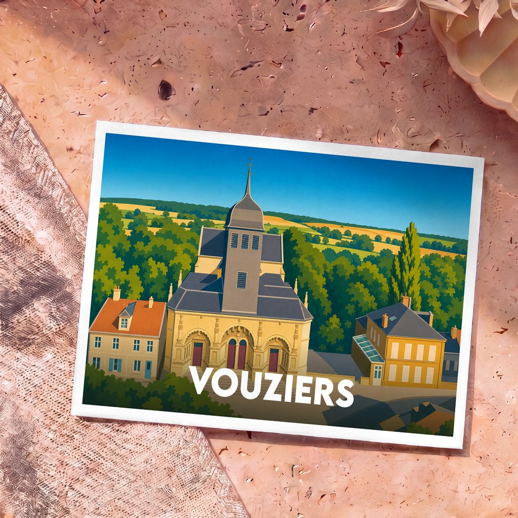 Carte postale souvenir de la ville de Vouziers présentant une illustration stylisée de son église et de ses paysages environnants.