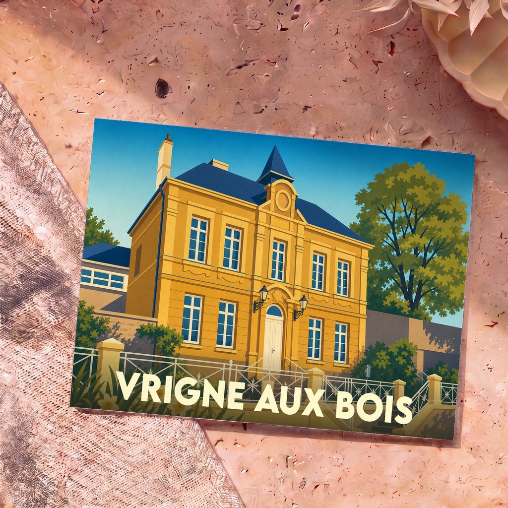 Carte postale souvenir de la ville de Vrigne aux Bois avec une illustration stylisée d'une grande demeure bourgeoise.