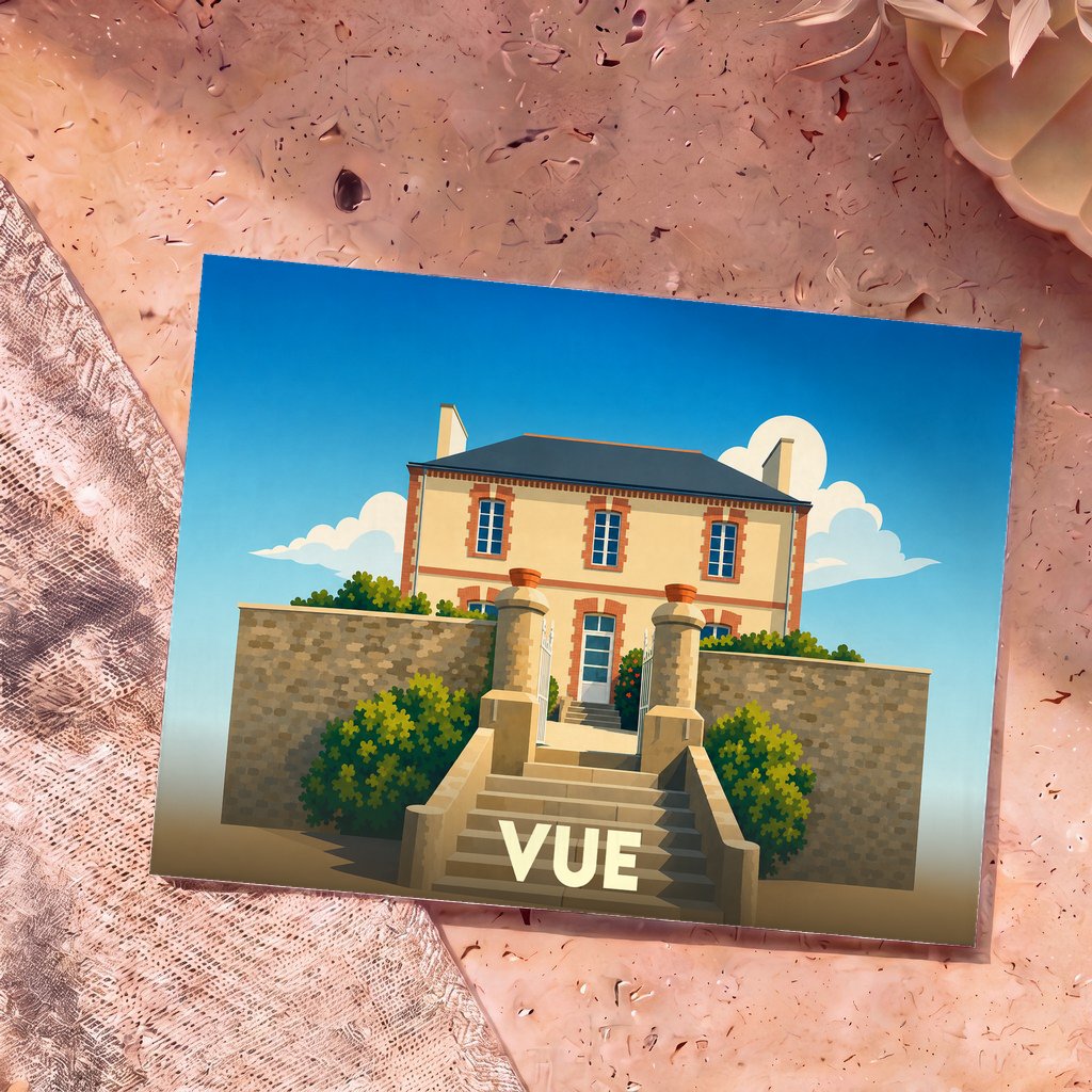 Carte postale souvenir de la ville de Vue avec une illustration stylisée d'une maison de maître.