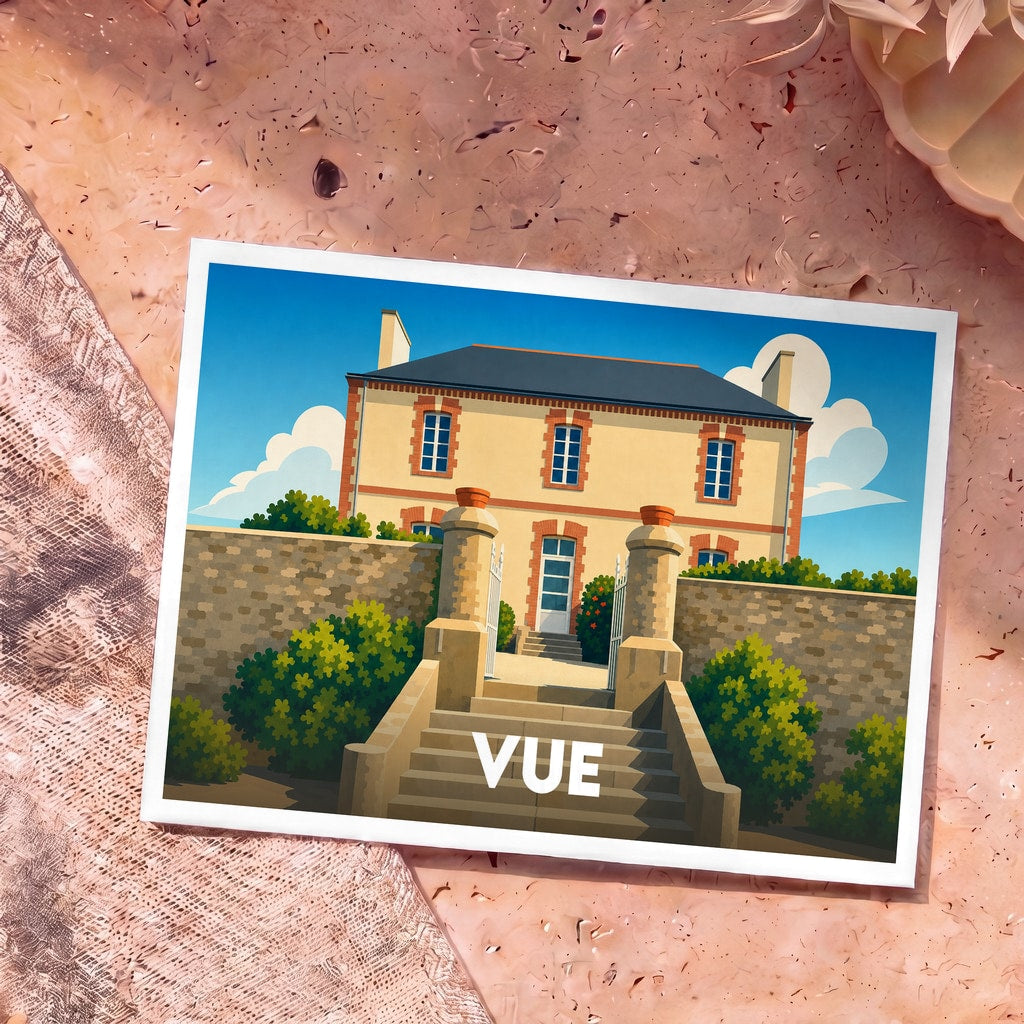 Carte postale souvenir de la ville de Vue avec une illustration stylisée d'une maison de maître.