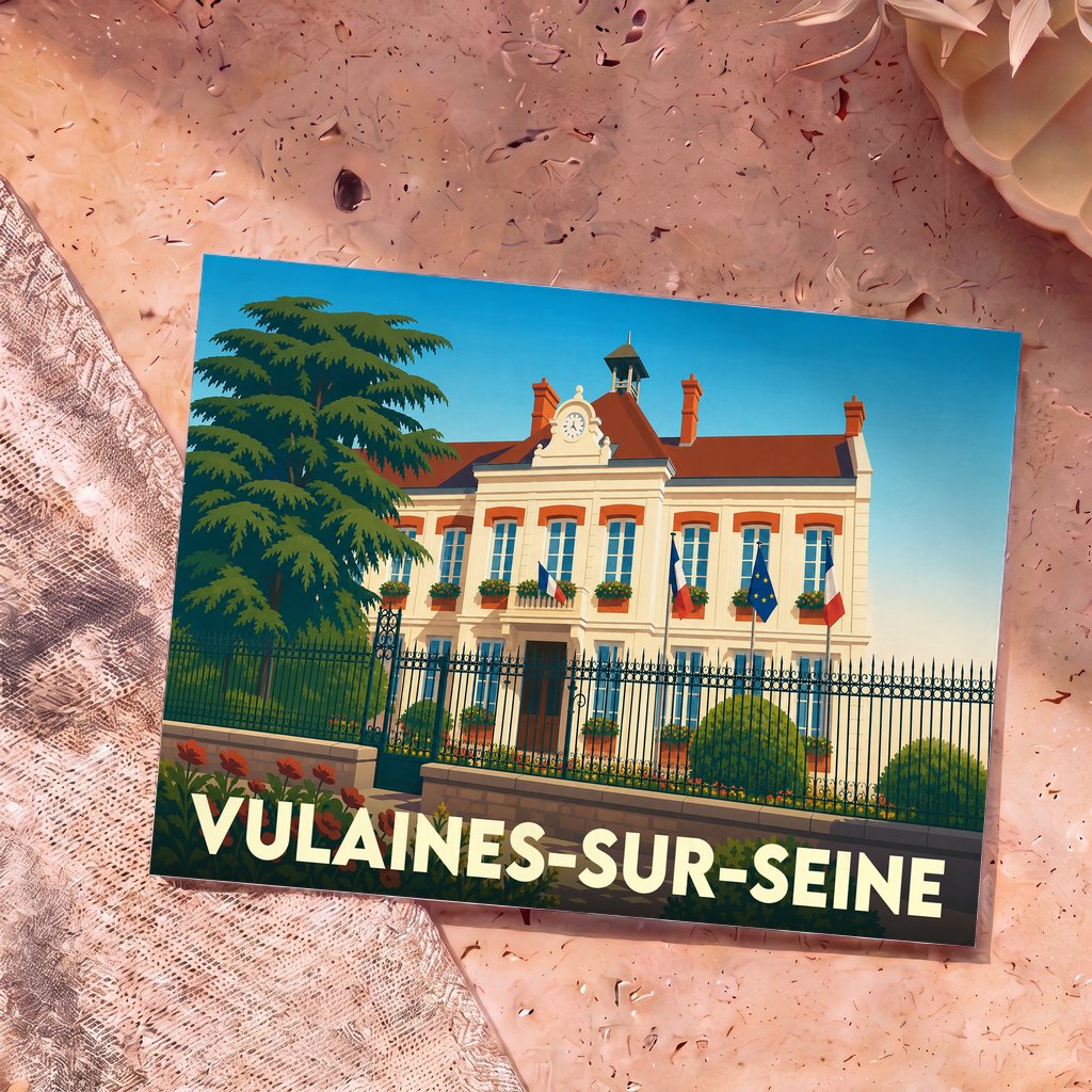 Carte postale souvenir de la ville de Vulaines-sur-Seine avec une illustration stylisée de la mairie.