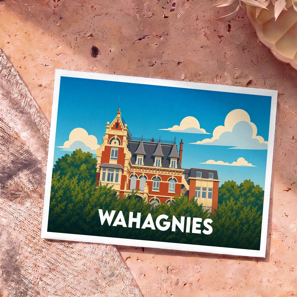 Carte postale souvenir de la ville de Wahagnies illustrant un château en briques rouges dans un style graphique épuré.