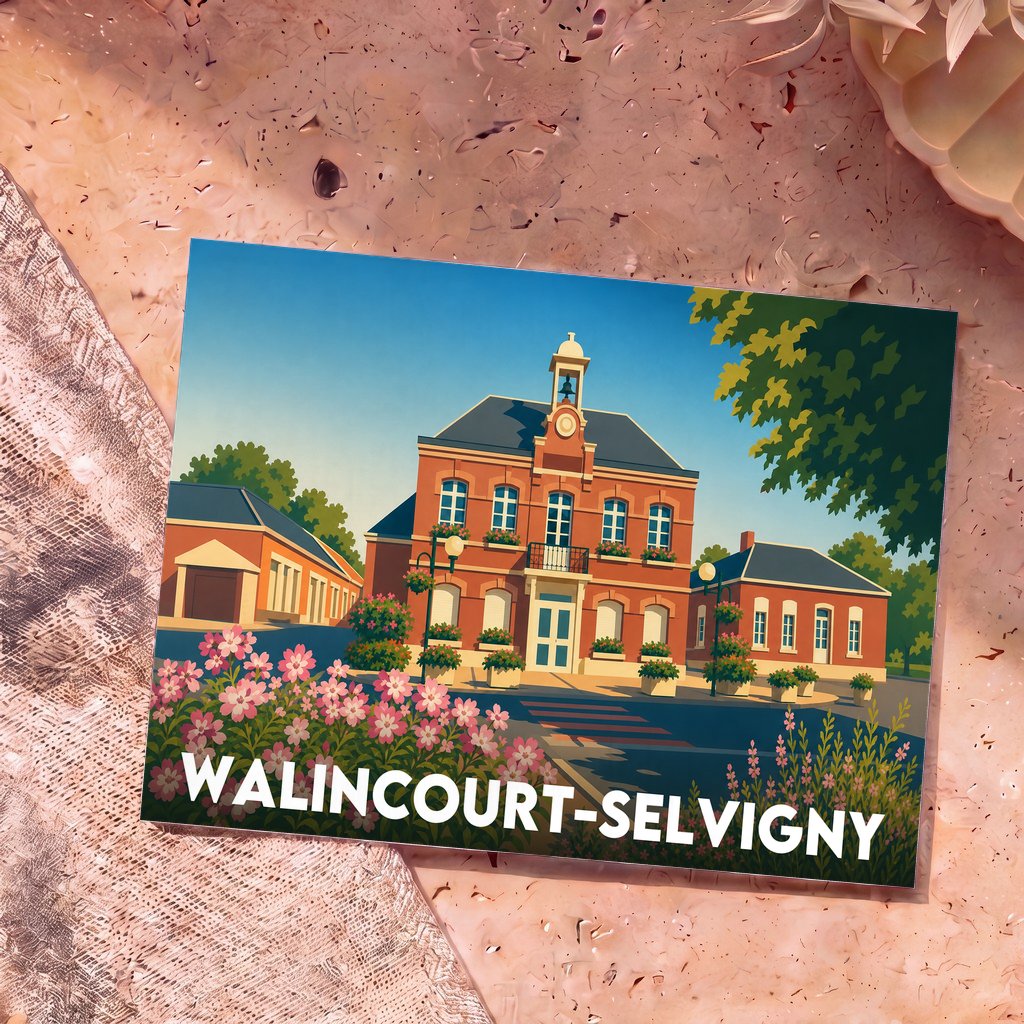 Carte postale souvenir de la ville de Walincourt-Selvigny avec une illustration stylisée de sa mairie.