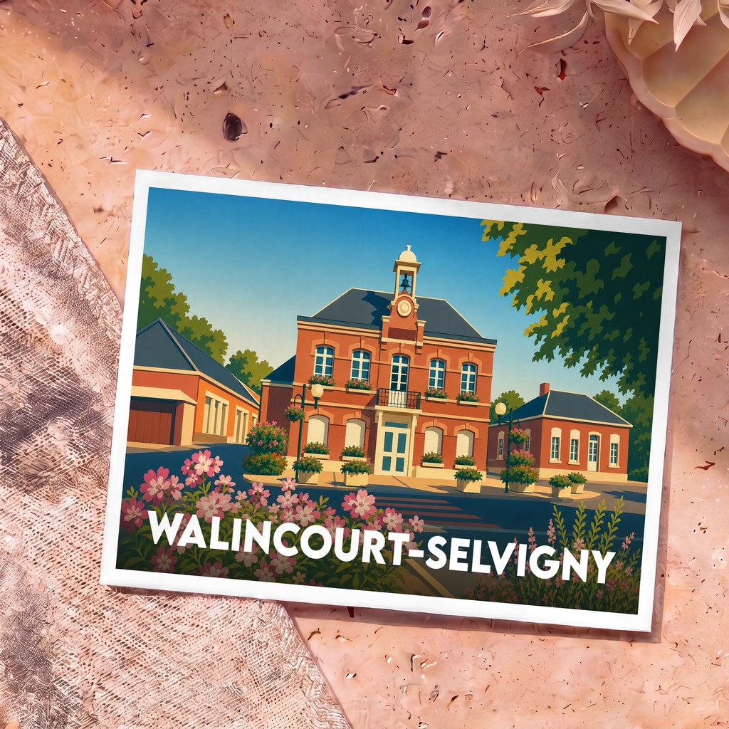 Carte postale souvenir de la ville de Walincourt-Selvigny avec une illustration stylisée de sa mairie.