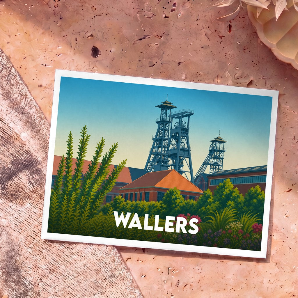 Carte postale souvenir de la ville de Wallers illustrant ses chevalements de mine emblématiques dans un style graphique épuré.