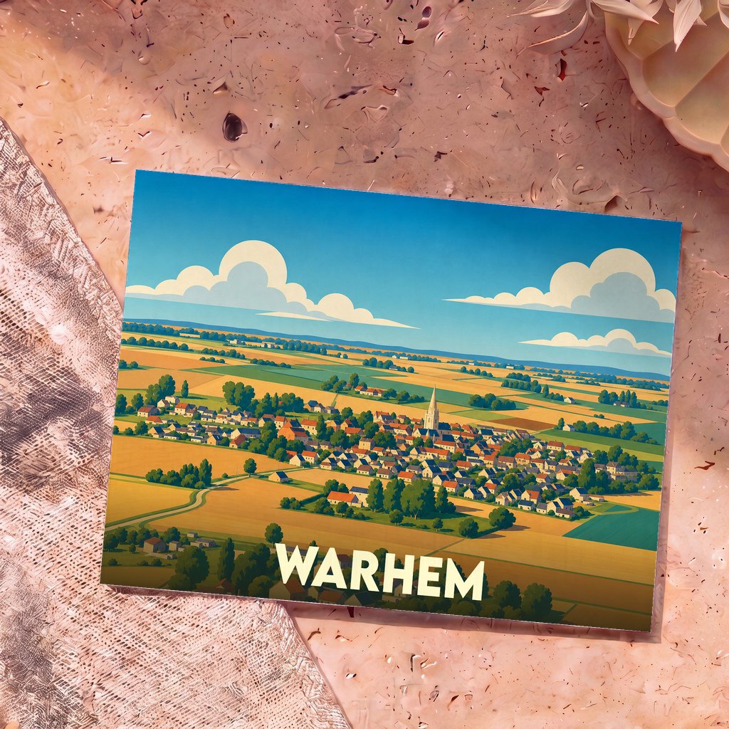 Carte postale souvenir de la ville de Warhem avec une illustration stylisée de ses paysages et de son église.