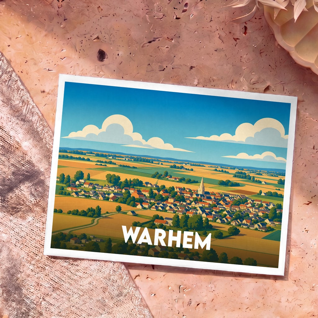 Carte postale souvenir de la ville de Warhem avec une illustration stylisée de ses paysages et de son église.