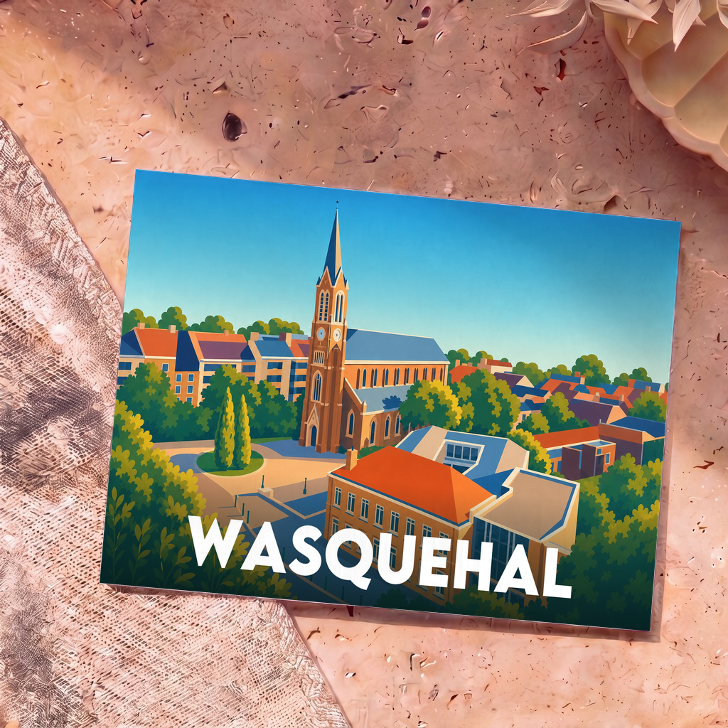 Carte postale souvenir de la ville de Wasquehal avec une illustration stylisée et colorée de son église et de son centre-ville.
