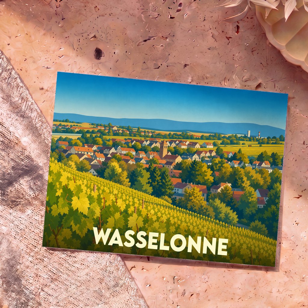 Carte postale souvenir de la ville de Wasselonne illustrant un paysage de vignobles et de maisons alsaciennes.