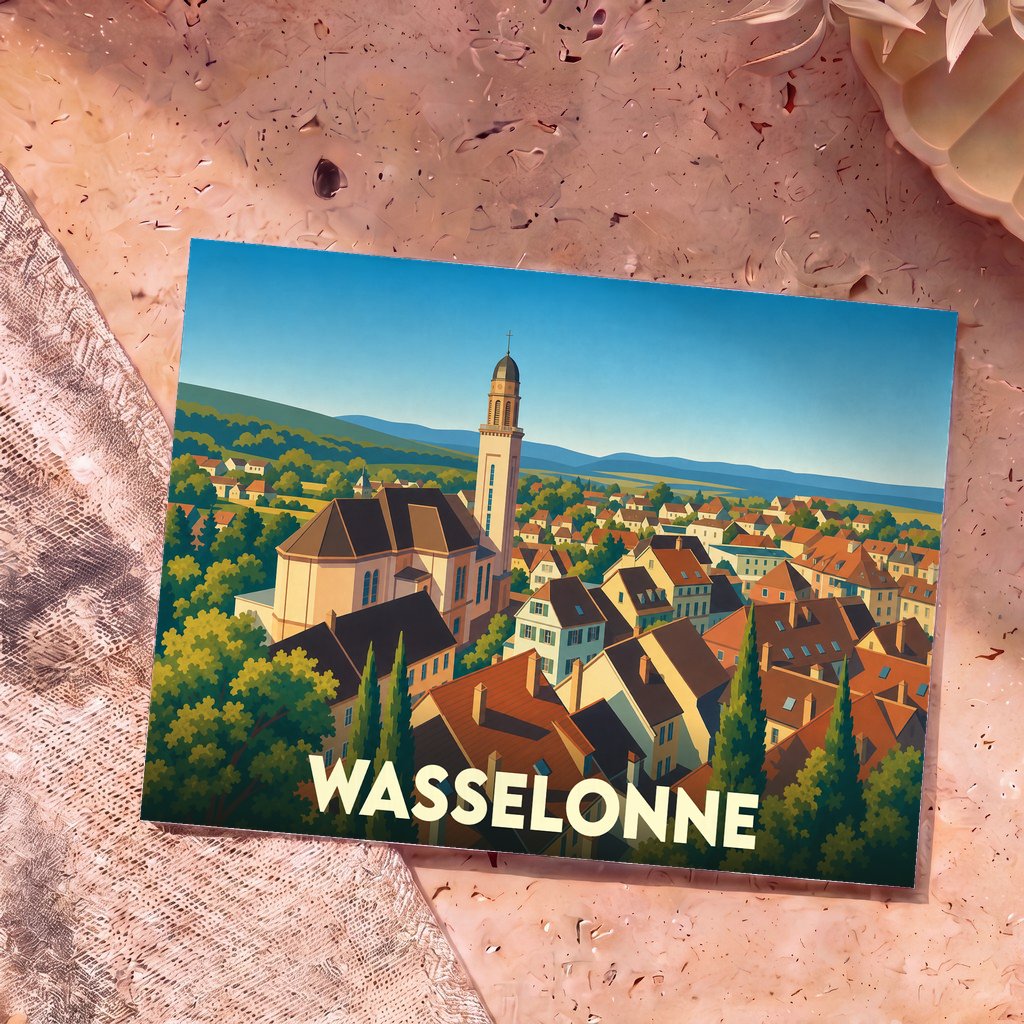 Carte postale souvenir de la ville de Wasselonne avec une illustration stylisée et colorée de son architecture.