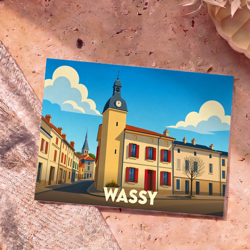 Carte postale souvenir de la ville de Wassy avec une illustration stylisée et colorée de son architecture.
