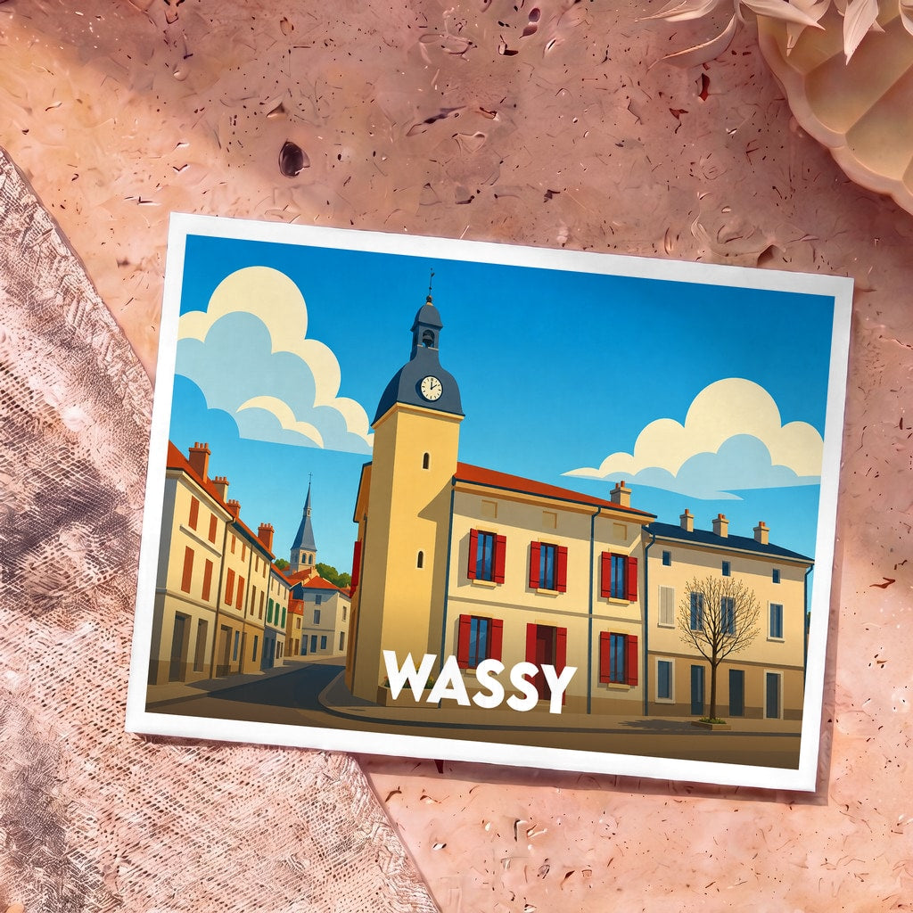 Carte postale souvenir de la ville de Wassy avec une illustration stylisée et colorée de son architecture.