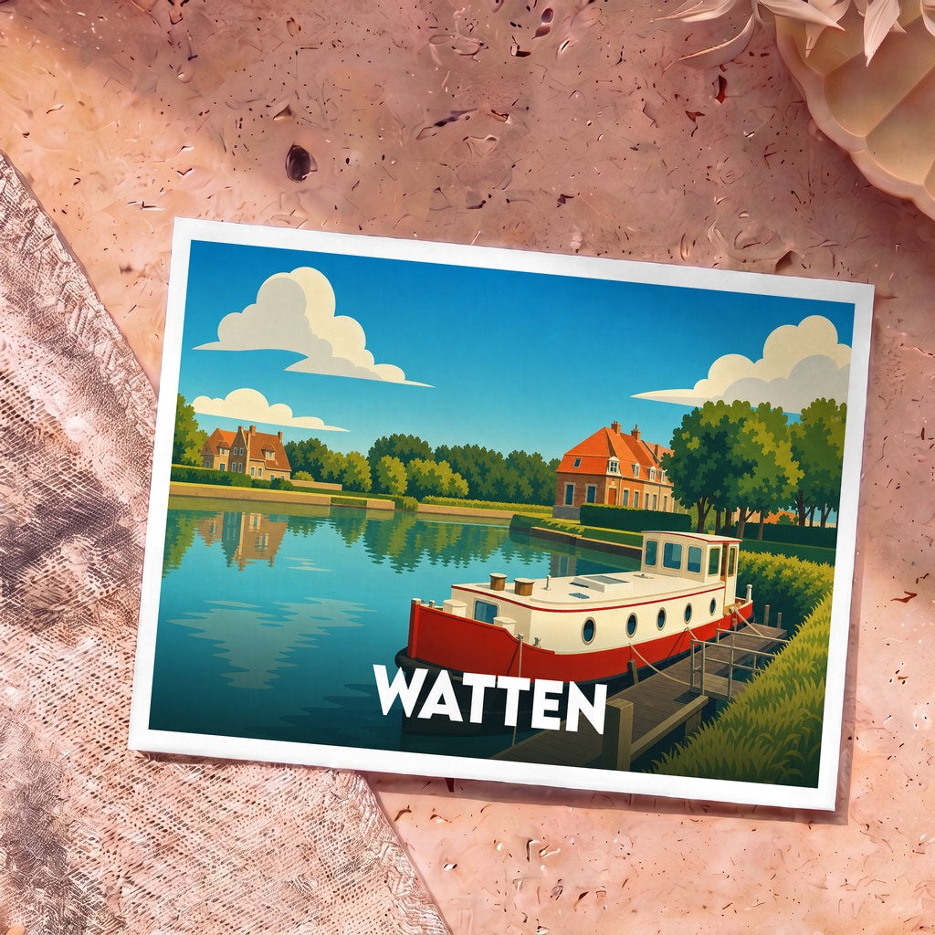 Carte postale souvenir de la ville de Watten avec une illustration stylisée d'une péniche sur un canal.