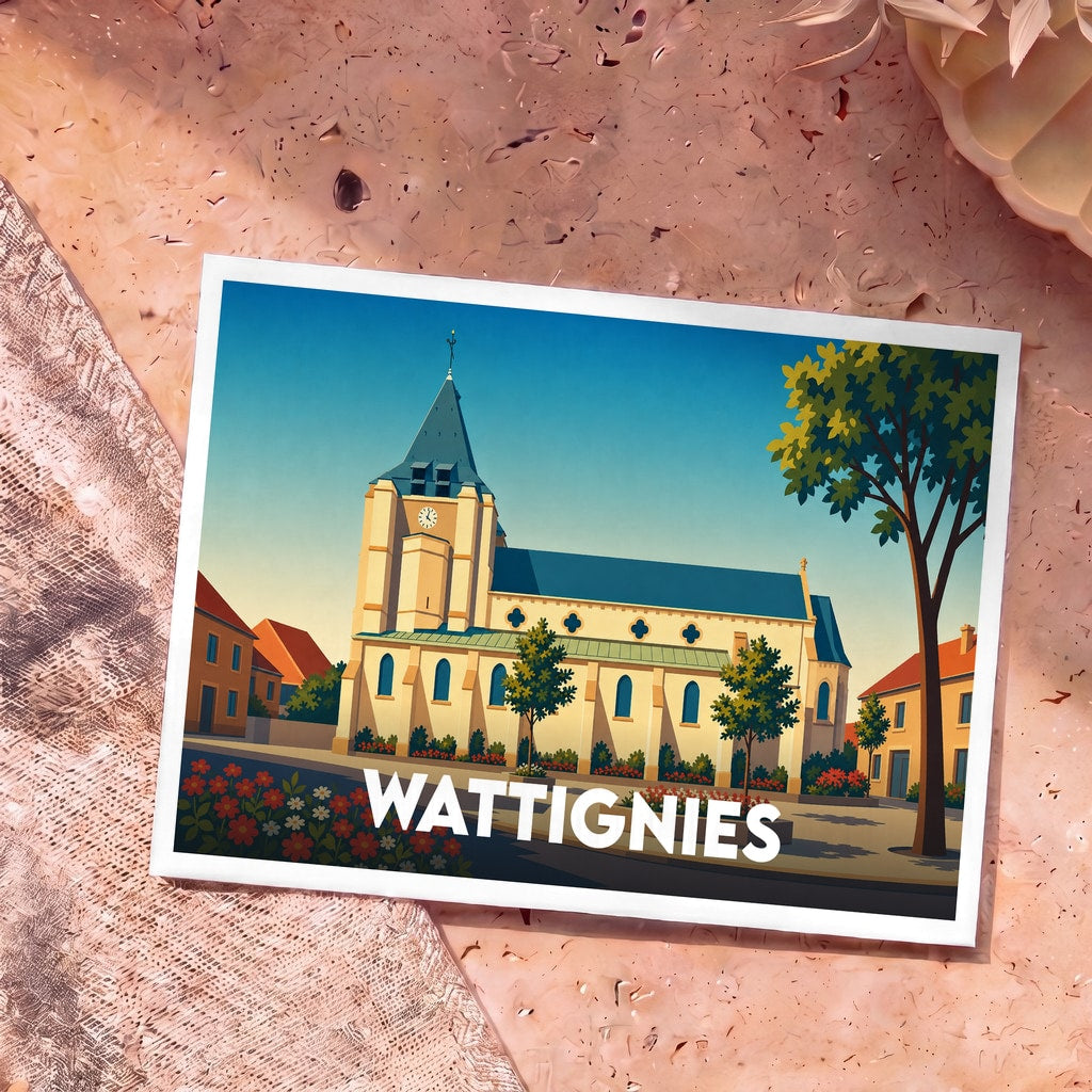 Carte postale souvenir de la ville de Wattignies avec une illustration stylisée de son église sous un ciel bleu.