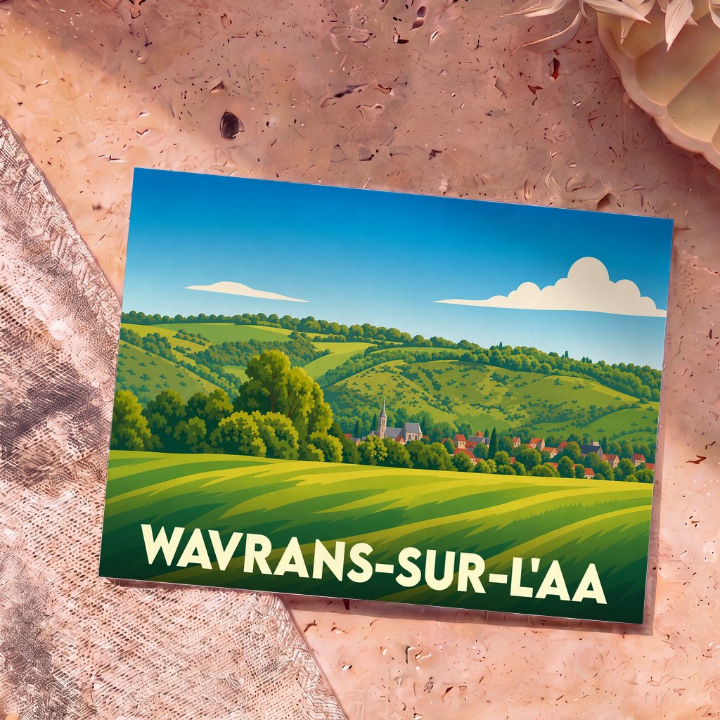 Carte postale souvenir de la ville de Wavrans-sur-l'Aa avec une illustration stylisée de paysages vallonnés.