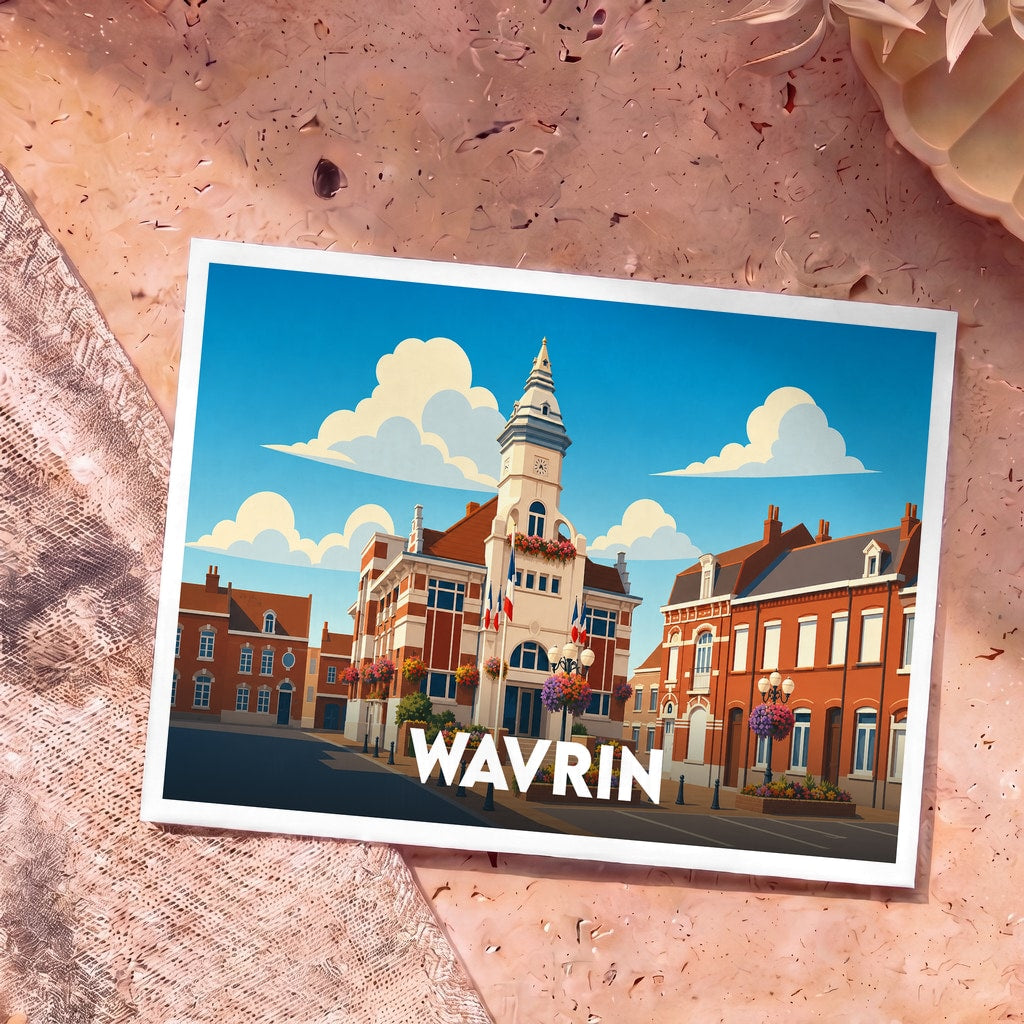 Carte postale souvenir de la ville de Wavrin avec une illustration stylisée de son hôtel de ville.