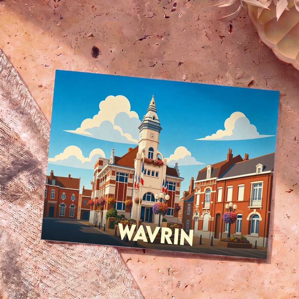 Carte postale souvenir de la ville de Wavrin avec une illustration stylisée de son hôtel de ville.