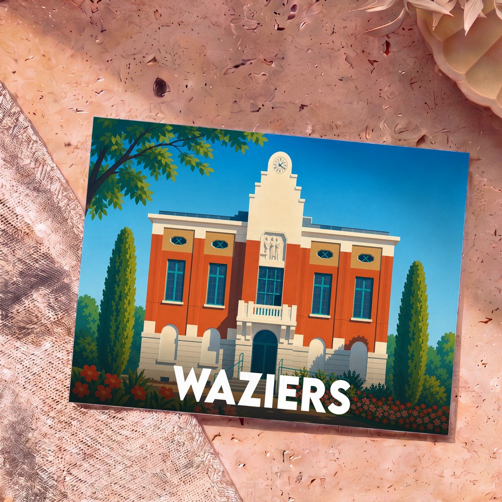 Carte postale souvenir de la ville de Waziers avec une illustration stylisée de son hôtel de ville.