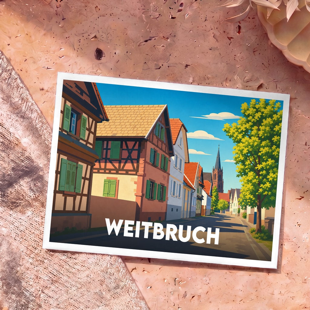 Carte postale souvenir de la ville de Weitbruch avec une illustration stylisée de ses maisons à colombages.