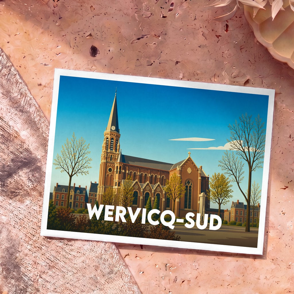 Carte postale souvenir de la ville de Wervicq-Sud avec une illustration stylisée de son église.