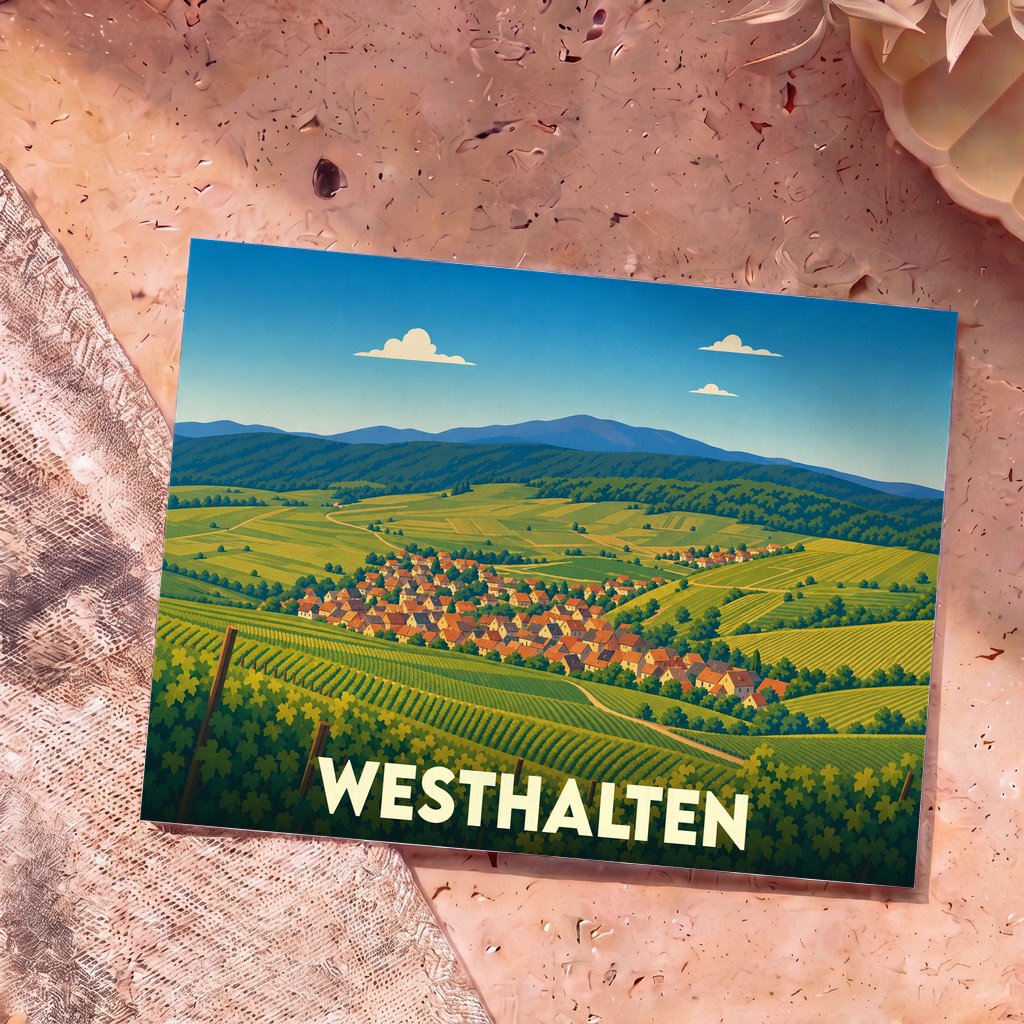 Carte postale souvenir de la ville de Westhalten illustrant ses vignobles et son village dans un style graphique épuré.
