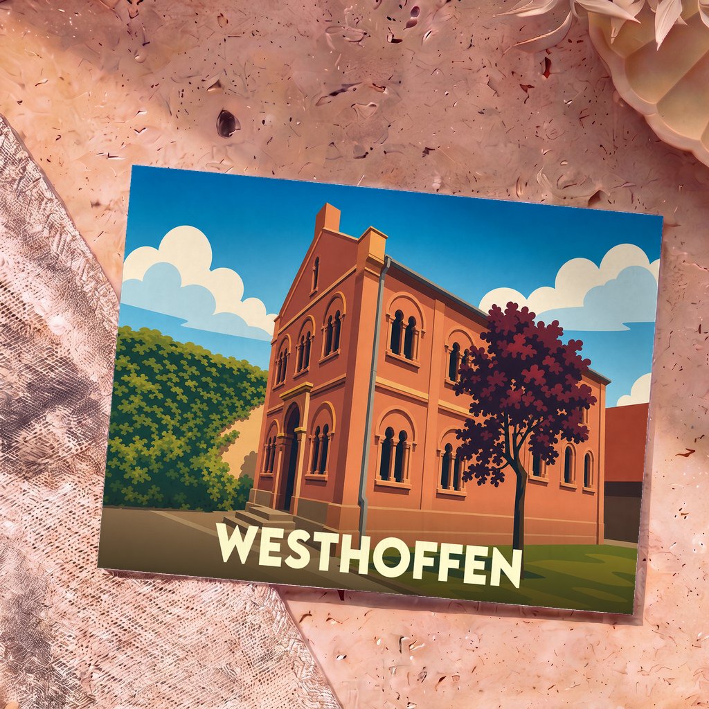 Carte postale souvenir de la ville de Westhoffen illustrant sa synagogue de style néo-roman.