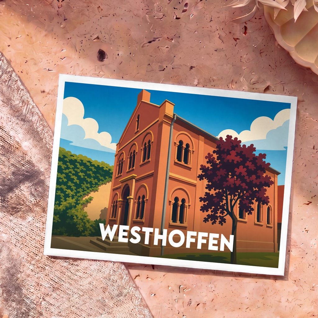 Carte postale souvenir de la ville de Westhoffen illustrant sa synagogue de style néo-roman.