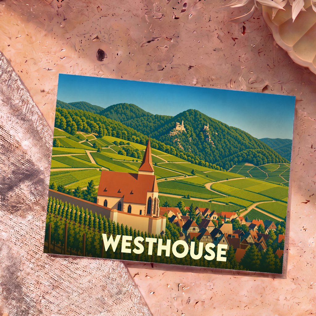 Carte postale souvenir de la ville de Westhouse illustrant son église, ses vignobles et ses collines environnantes dans un style graphique épuré.
