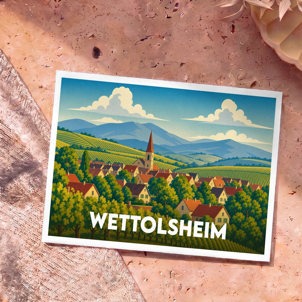 Carte postale souvenir de la ville de Wettolsheim avec une illustration stylisée de son village et de ses vignobles.