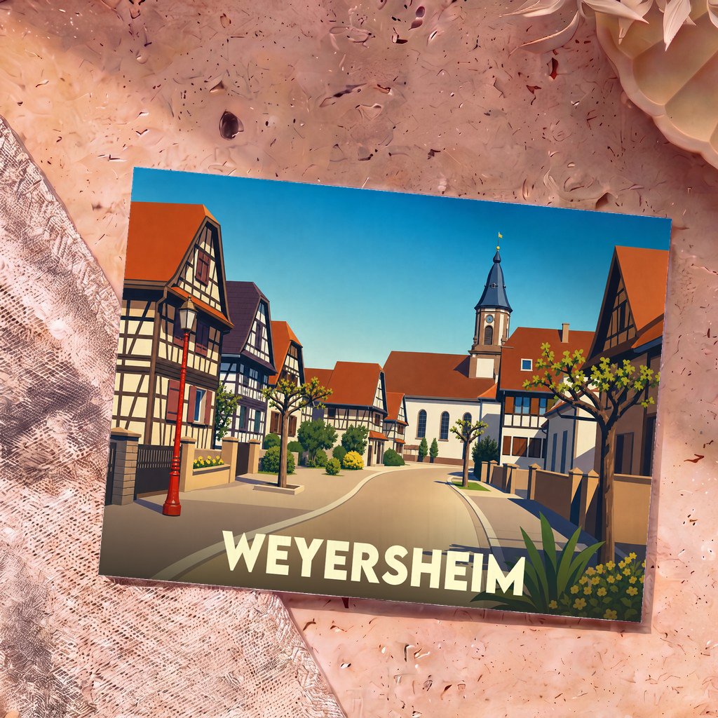 Carte postale souvenir de la ville de Weyersheim avec une illustration stylisée montrant des maisons à colombages et le clocher de l'église.