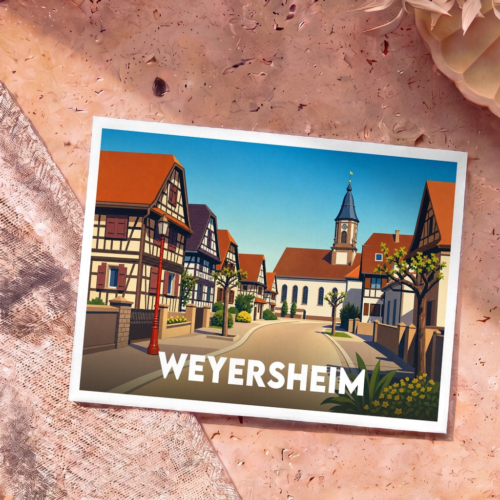Carte postale souvenir de la ville de Weyersheim avec une illustration stylisée montrant des maisons à colombages et le clocher de l'église.