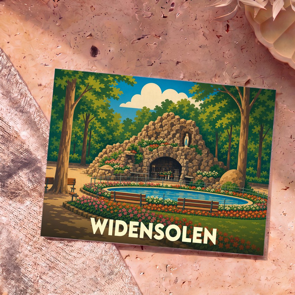 Carte postale souvenir de la ville de Widensolen avec une illustration stylisée de la grotte de Lourdes.