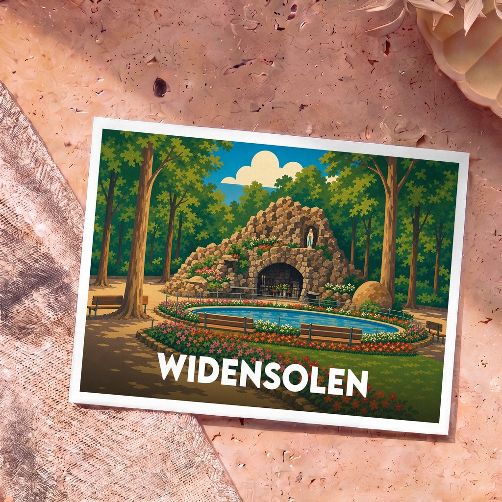 Carte postale souvenir de la ville de Widensolen avec une illustration stylisée de la grotte de Lourdes.
