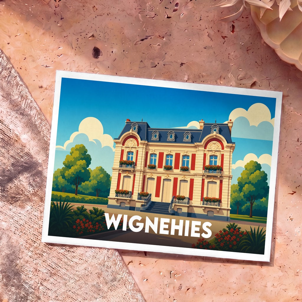 Carte postale souvenir de la ville de Wignehies illustrant une grande demeure de style classique.